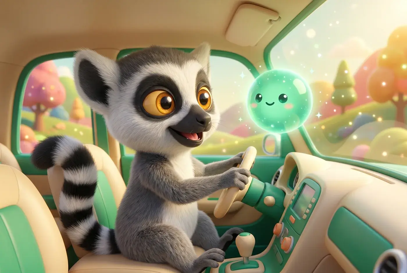 Lucas, la mascotte du Dojo, au volant, aidé par un assistant IA holographique lumineux sur le tableau de bord