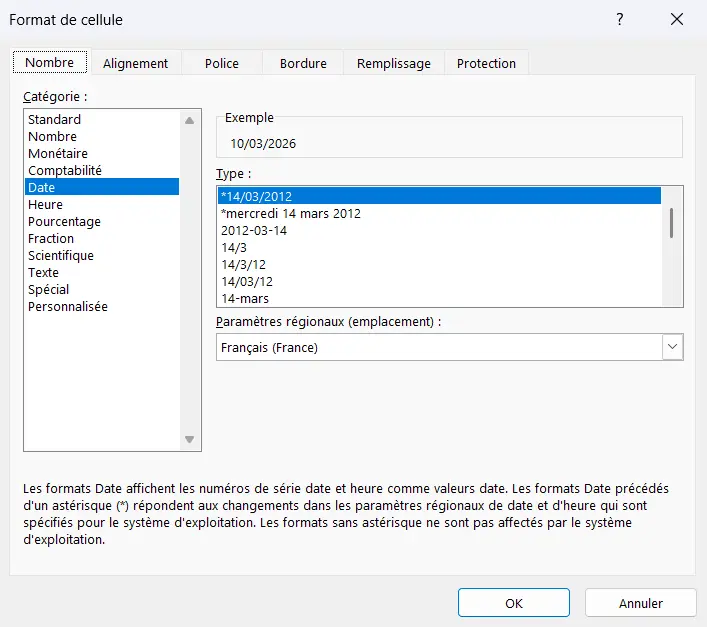 Fenêtre Format de cellule d’Excel, onglet Nombre, catégorie Date sélectionnée, avec la liste des types de date