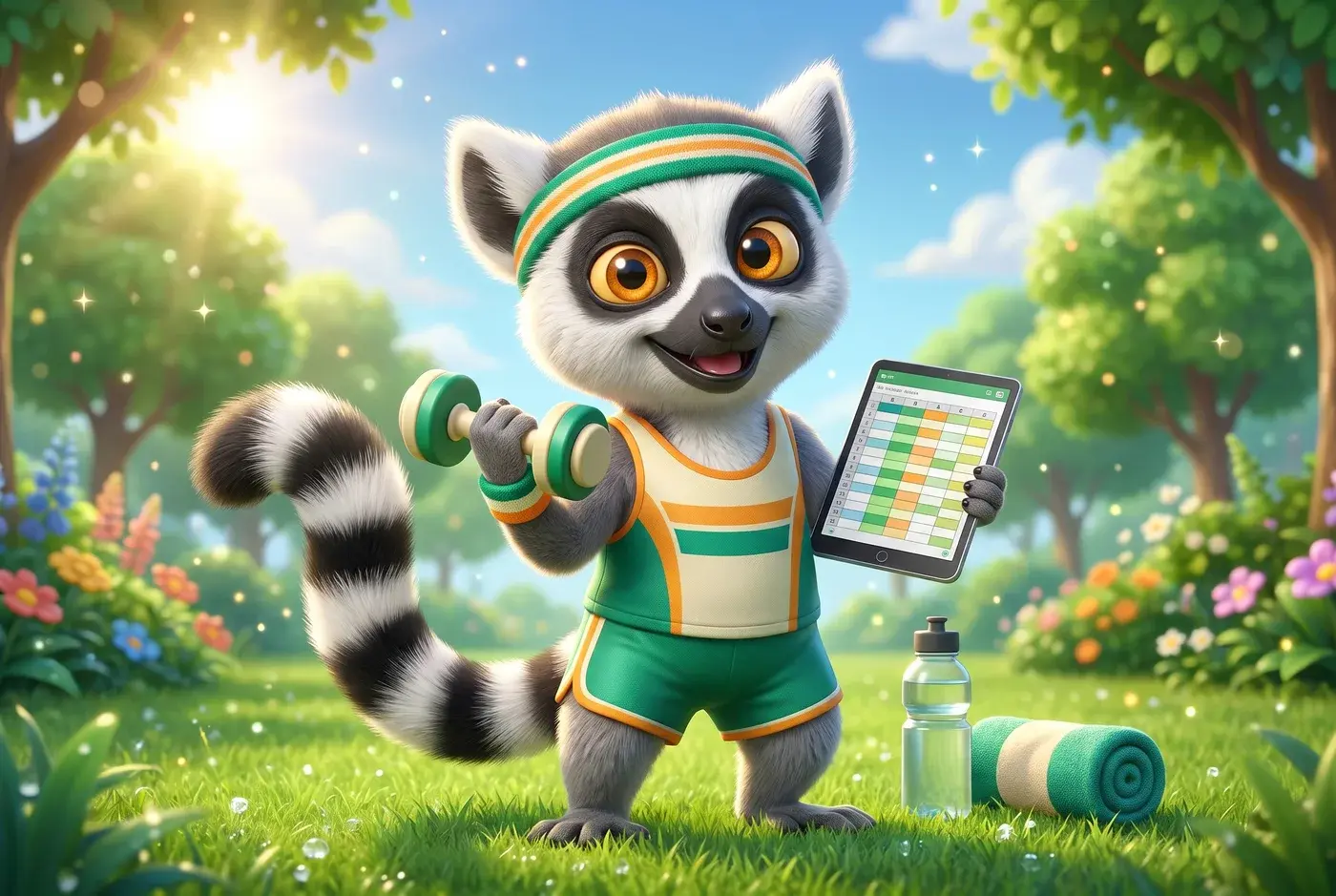 Lucas, la mascotte du Dojo, en tenue de sport, s'entraîne dans un parc ensoleillé avec un tableur sur sa tablette
