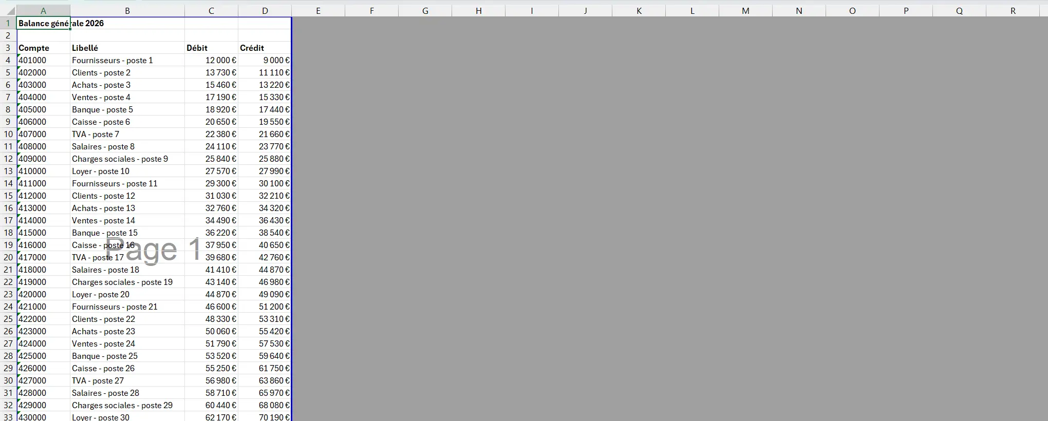 Feuille Excel en aperçu des sauts de page, avec le texte gris Page 1 écrit en travers du tableau et la zone hors impression grisée