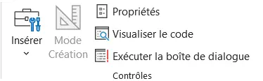 Groupe Contrôles de l’onglet Développeur d’Excel, avec les boutons Insérer, Mode Création, Propriétés, Visualiser le code et Exécuter la boîte de dialogue
