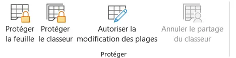 Groupe Protéger de l’onglet Révision d’Excel, avec les boutons Protéger la feuille, Protéger le classeur et Autoriser la modification des plages