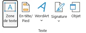 Groupe Texte de l’onglet Insertion du ruban Excel, avec les boutons Zone de texte, En-tête/Pied, WordArt, Signature et Objet
