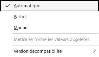 Menu Options de calcul d’Excel, avec les choix Automatique, Partiel et Manuel
