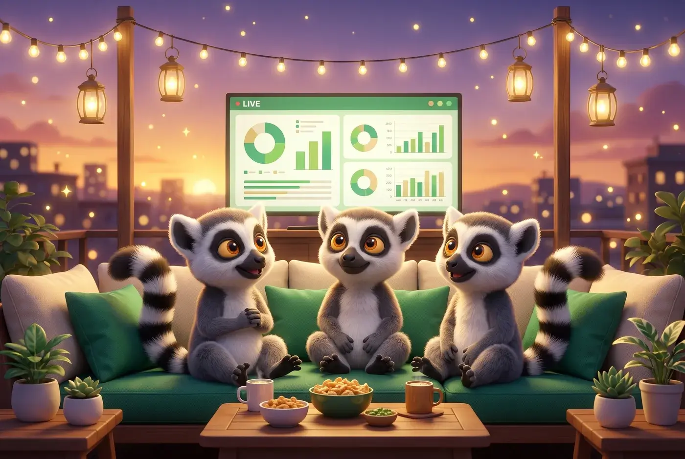 Trois mascottes lémuriens du Dojo réunies sur une terrasse le soir, regardant un live Excel sur grand écran
