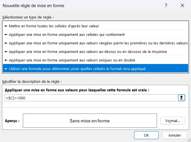 Fenêtre Nouvelle règle de mise en forme, avec le type Utiliser une formule pour déterminer pour quelles cellules le format sera appliqué sélectionné et une zone de formule