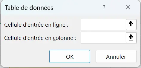La boîte Table de données d’Excel, avec ses deux champs, Cellule d’entrée en ligne et Cellule d’entrée en colonne, et ses boutons OK et Annuler
