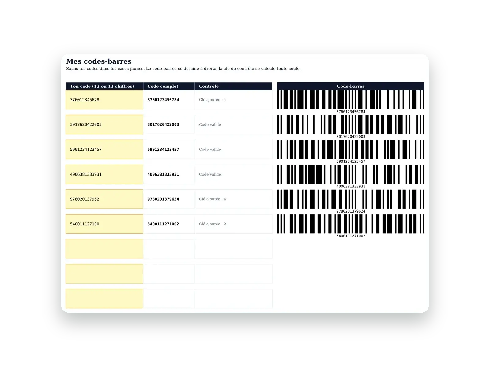 Le classeur Excel qui génère les codes-barres à partir des codes saisis