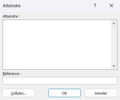 Fenêtre Atteindre d’Excel, avec la liste Atteindre, le champ Référence et le bouton Cellules… en bas à gauche