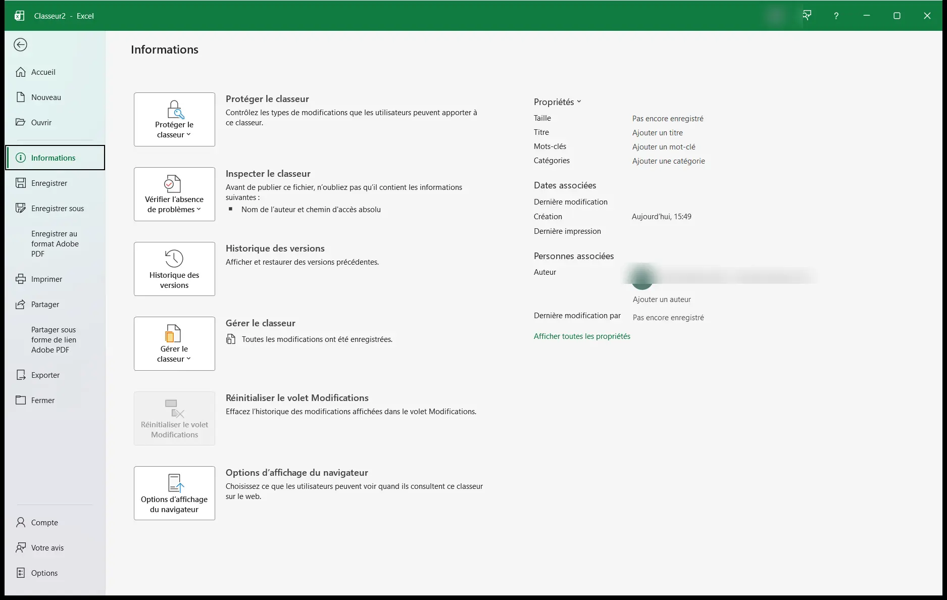 Rubrique Informations de l’onglet Fichier d’Excel, avec la ligne Taille en tête des propriétés, à droite