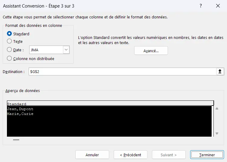 Troisième étape de l’assistant Conversion, avec les options Standard, Texte, Date et sa liste réglée sur JMA, et Colonne non distribuée