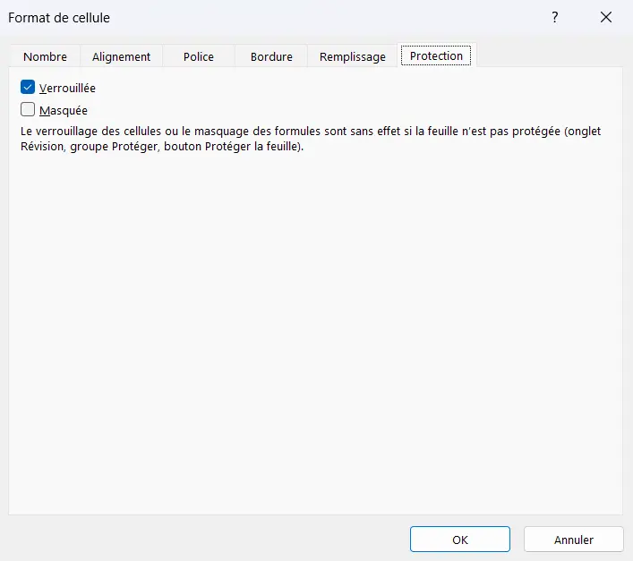 Fenêtre Format de cellule d’Excel sur son onglet Protection, avec la case Verrouillée cochée et la case Masquée décochée
