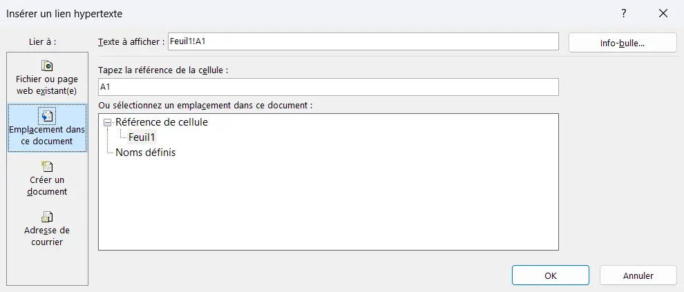 Fenêtre Insérer un lien hypertexte d’Excel, avec Adresse de courrier en bas de la colonne Lier à