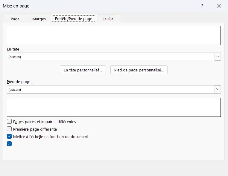 Fenêtre Mise en page ouverte sur l’onglet En-tête/Pied de page, avec les boutons En-tête personnalisé et Pied de page personnalisé