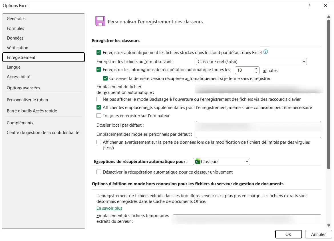 Rubrique Enregistrement des options d’Excel, avec la liste Enregistrer les fichiers au format suivant réglée sur Classeur Excel