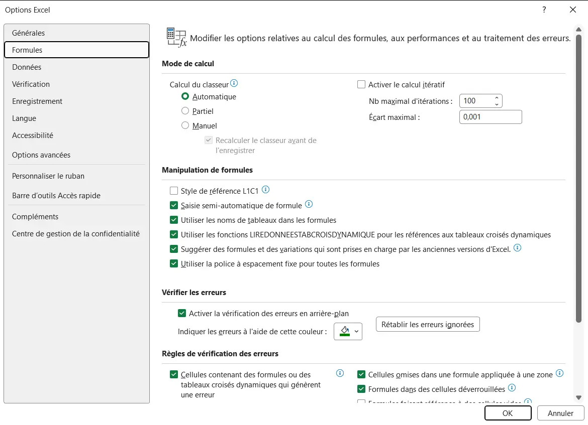 Options Excel, catégorie Formules, avec la section Règles de vérification des erreurs où la case Formules dans des cellules déverrouillées est cochée