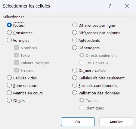 Fenêtre Sélectionner les cellules, avec l’option Notes choisie et, en dessous, l’option Formules et ses quatre cases Nombres, Texte, Valeurs logiques et Erreurs