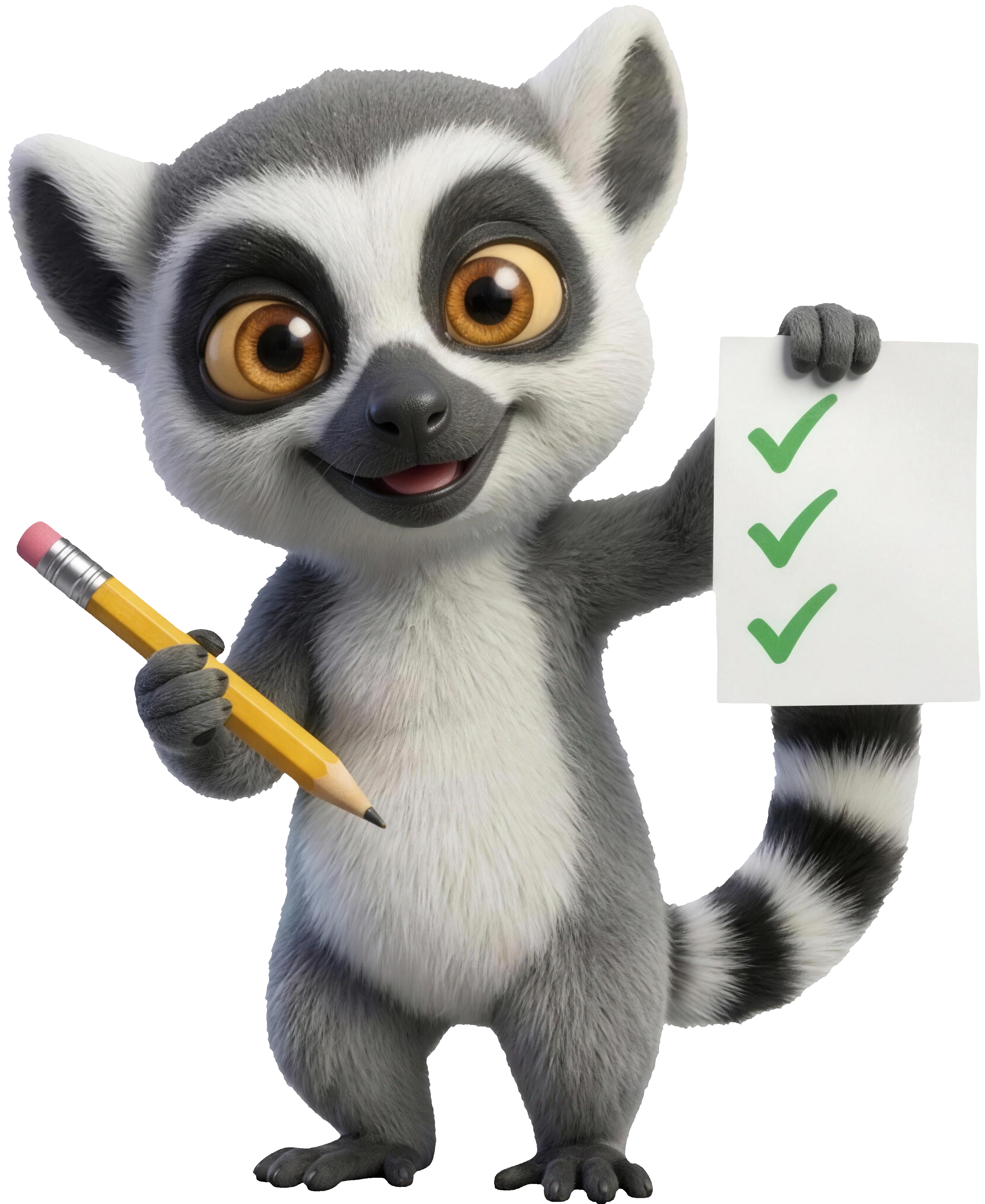 Mascotte lémurien du Dojo, crayon en main, brandissant une checklist d'exercices Excel cochés