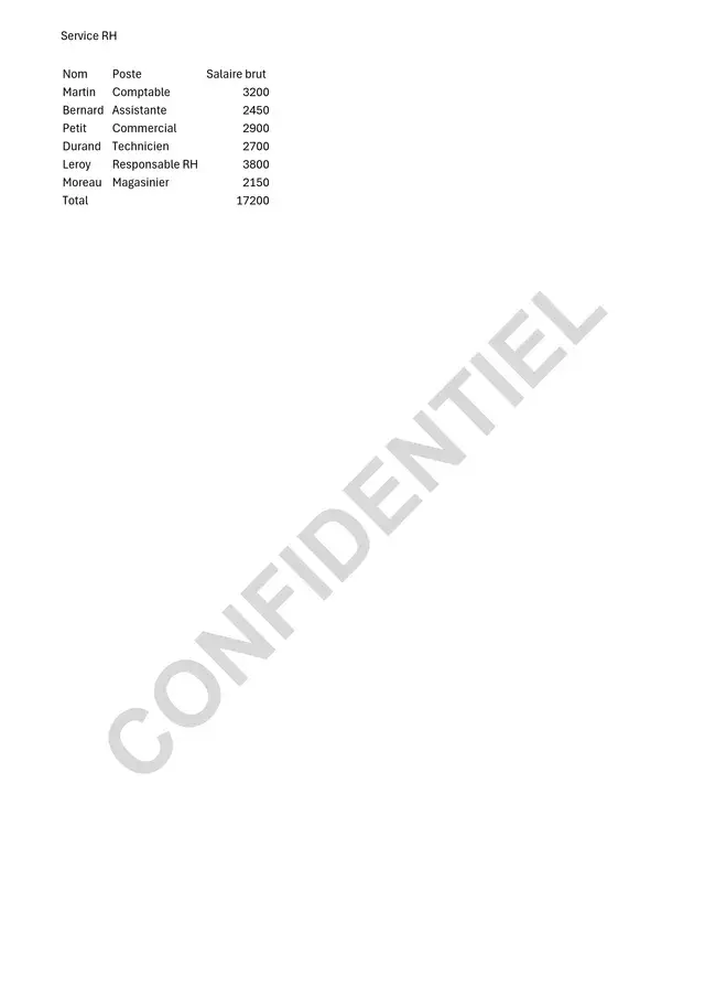 Page imprimée de l’onglet Salaires, avec la mention Service RH en haut à gauche, le tableau des salaires puis le mot CONFIDENTIEL en gris clair écrit en diagonale sous le tableau
