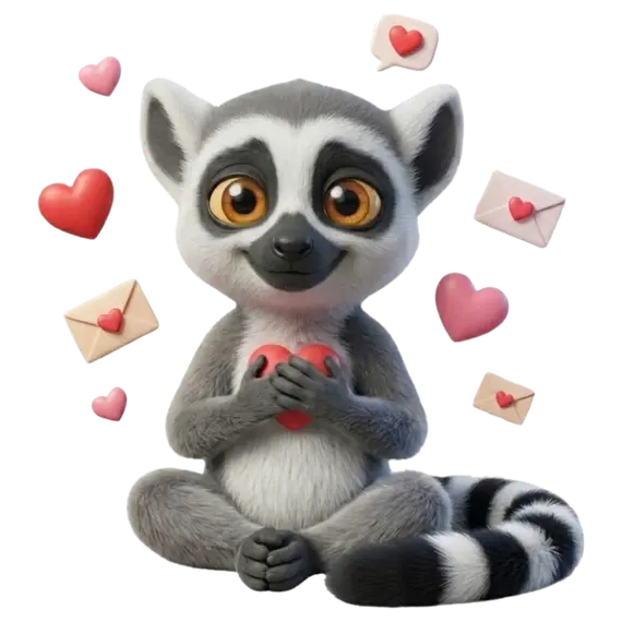 Mascotte lémurien du Dojo entourée de cœurs et d'enveloppes, présentant les témoignages des élèves
