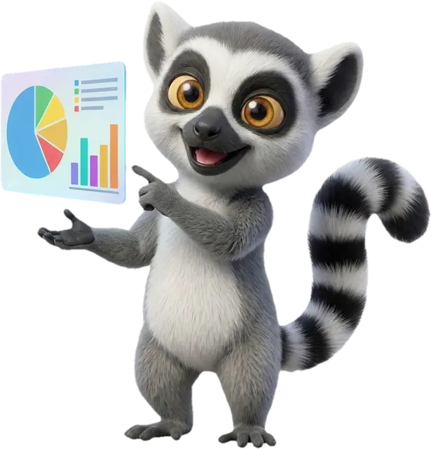 Mascotte lémurien du Dojo présentant un graphique, illustrant l'analyse de données