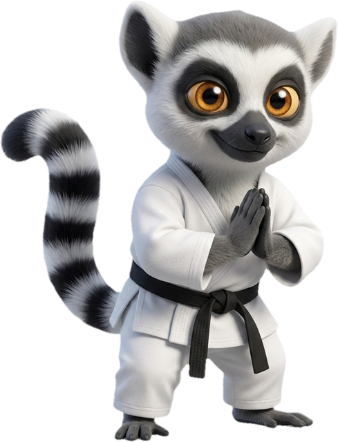 Lucas, la mascotte du Dojo, en kimono : niveau débutant
