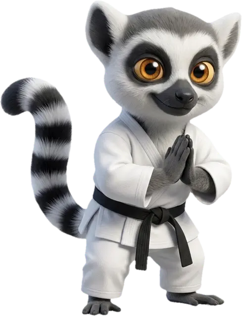Mascotte lémurien du Dojo en kimono, niveau débutant
