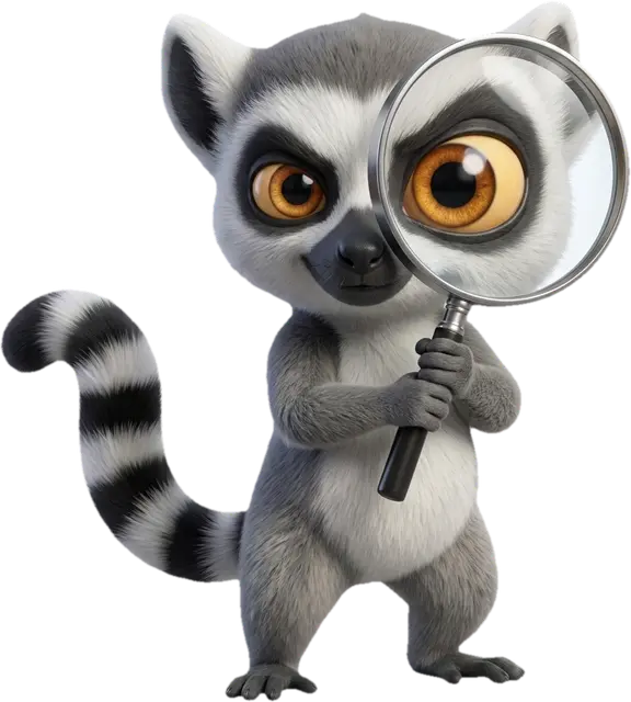 Mascotte lémurien du Dojo avec une loupe, illustrant la recherche de formules