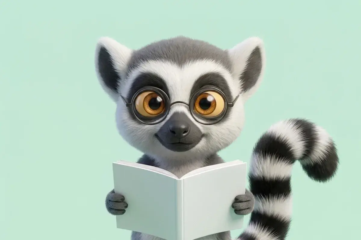 Mascotte lémurien du Dojo en instituteur tenant un support de cours PDF, sur fond vert menthe