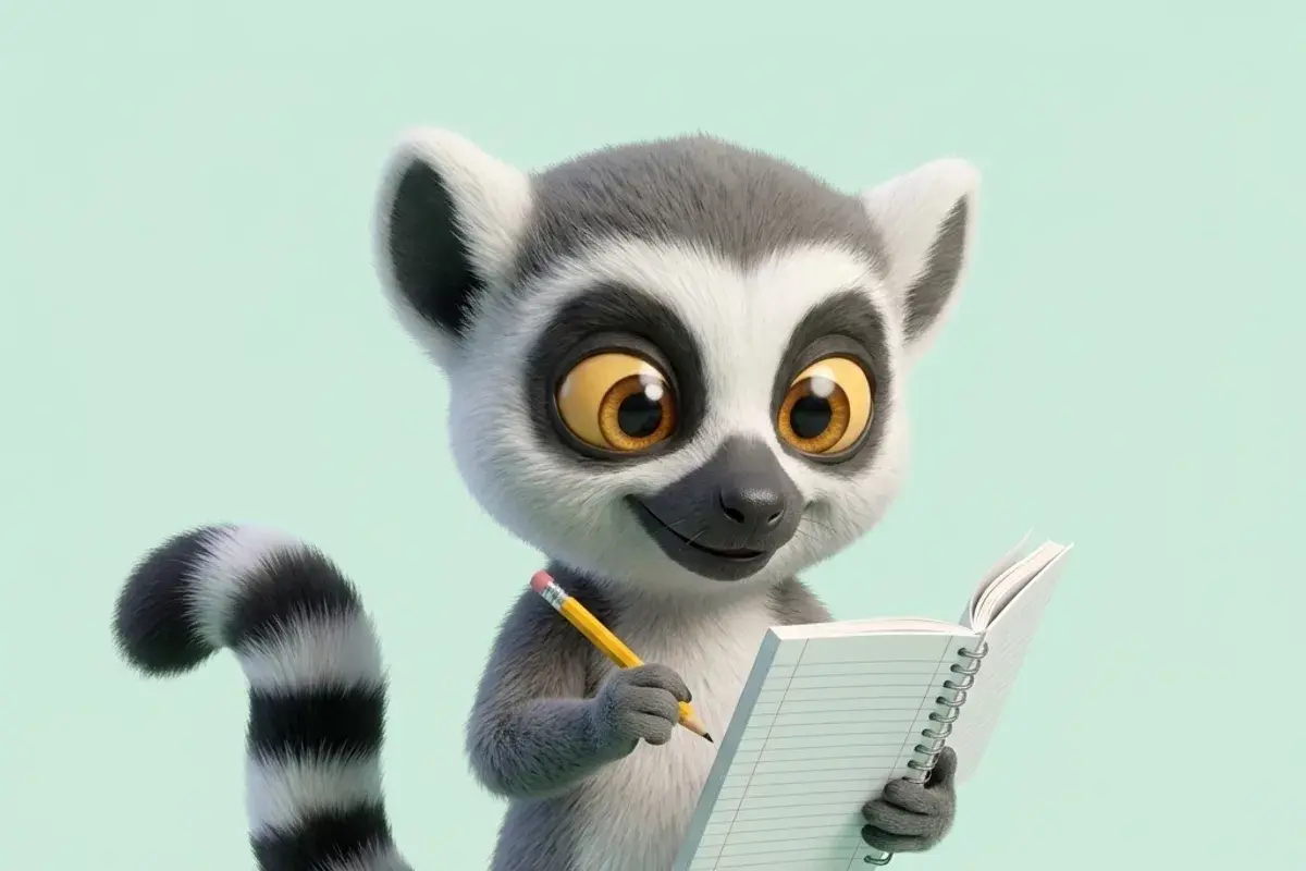 Mascotte lémurien du Dojo tenant un cahier d'exercices ouvert et un crayon, air studieux, sur fond vert menthe