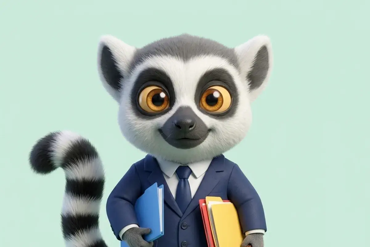 Mascotte lémurien du Dojo en costume, mallette dans une main et fiches métier dans l'autre, sur fond vert menthe