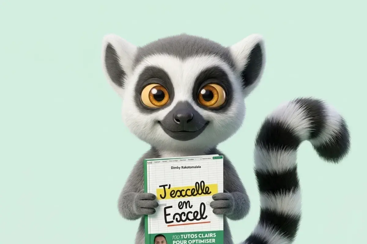 Mascotte lémurien du Dojo brandissant fièrement le livre « J'excelle en Excel », sur fond vert menthe