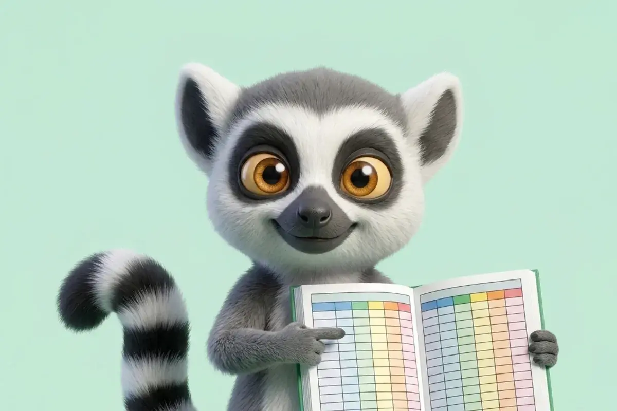 Mascotte lémurien du Dojo présentant un classeur Excel modèle prêt à remplir, sur fond vert menthe