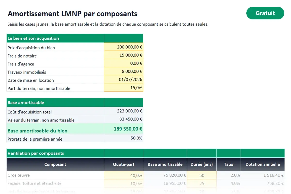 Aperçu du modèle Excel Amortissement LMNP