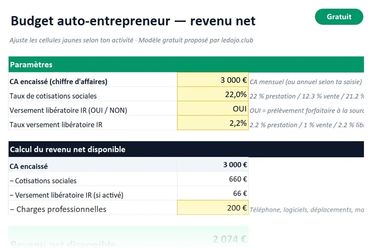 Aperçu du modèle Excel Budget auto-entrepreneur