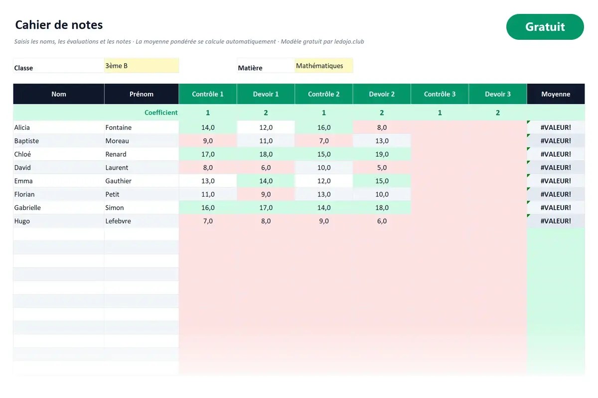 Aperçu du modèle Excel Cahier de notes