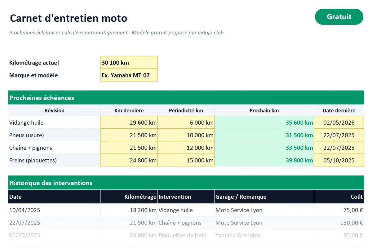 Aperçu du modèle Excel Carnet d'entretien moto