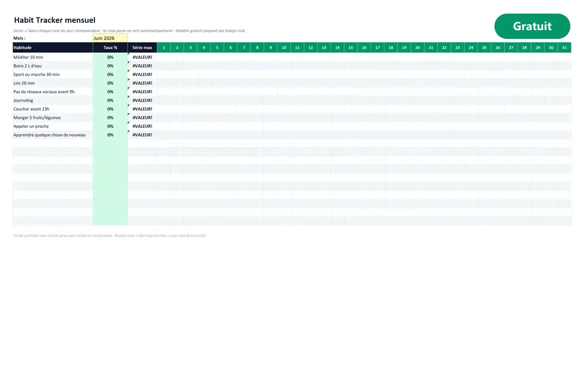 Aperçu du modèle Excel Suivi d'habitudes (habit tracker)