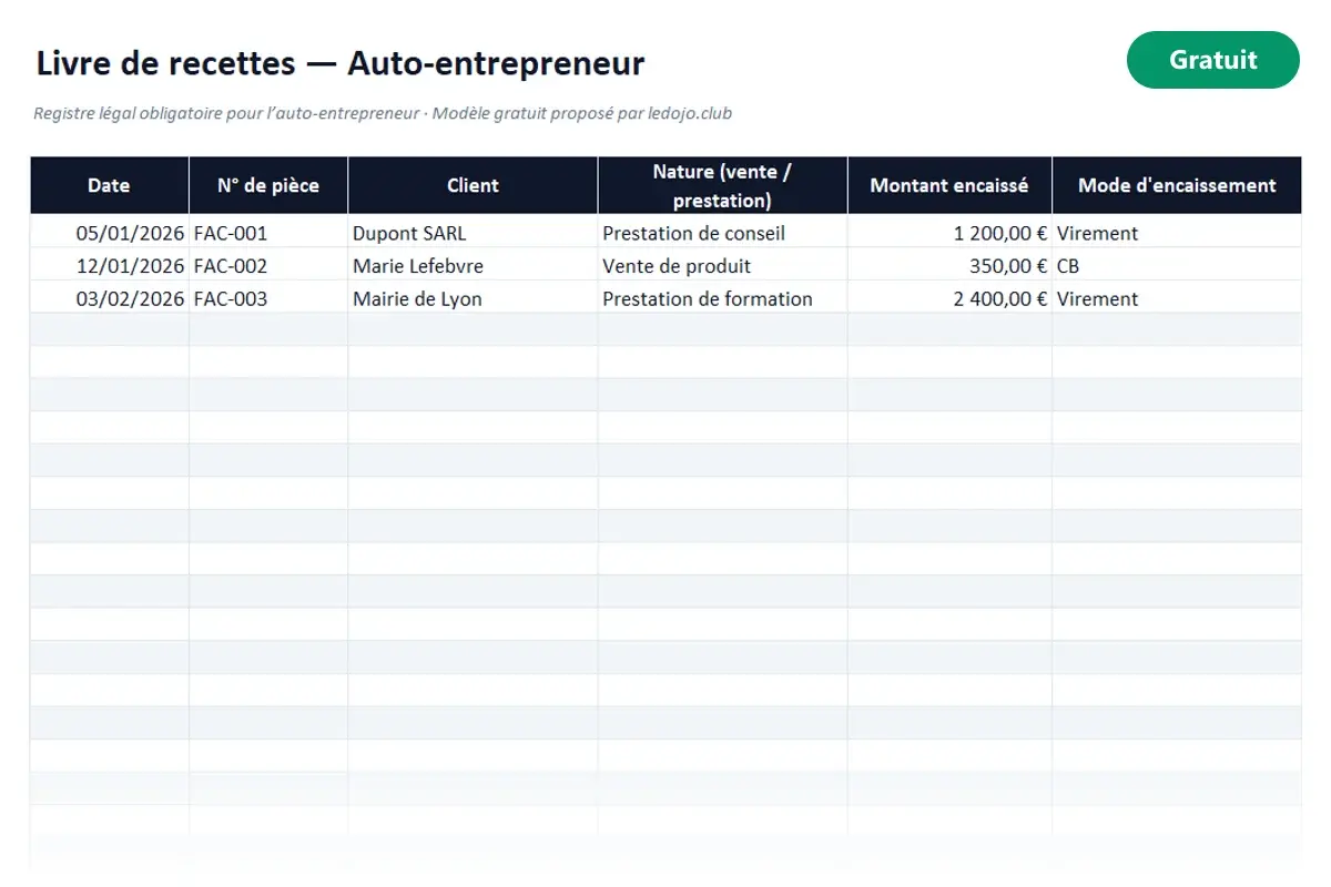 Aperçu du modèle Excel Livre de recettes auto-entrepreneur