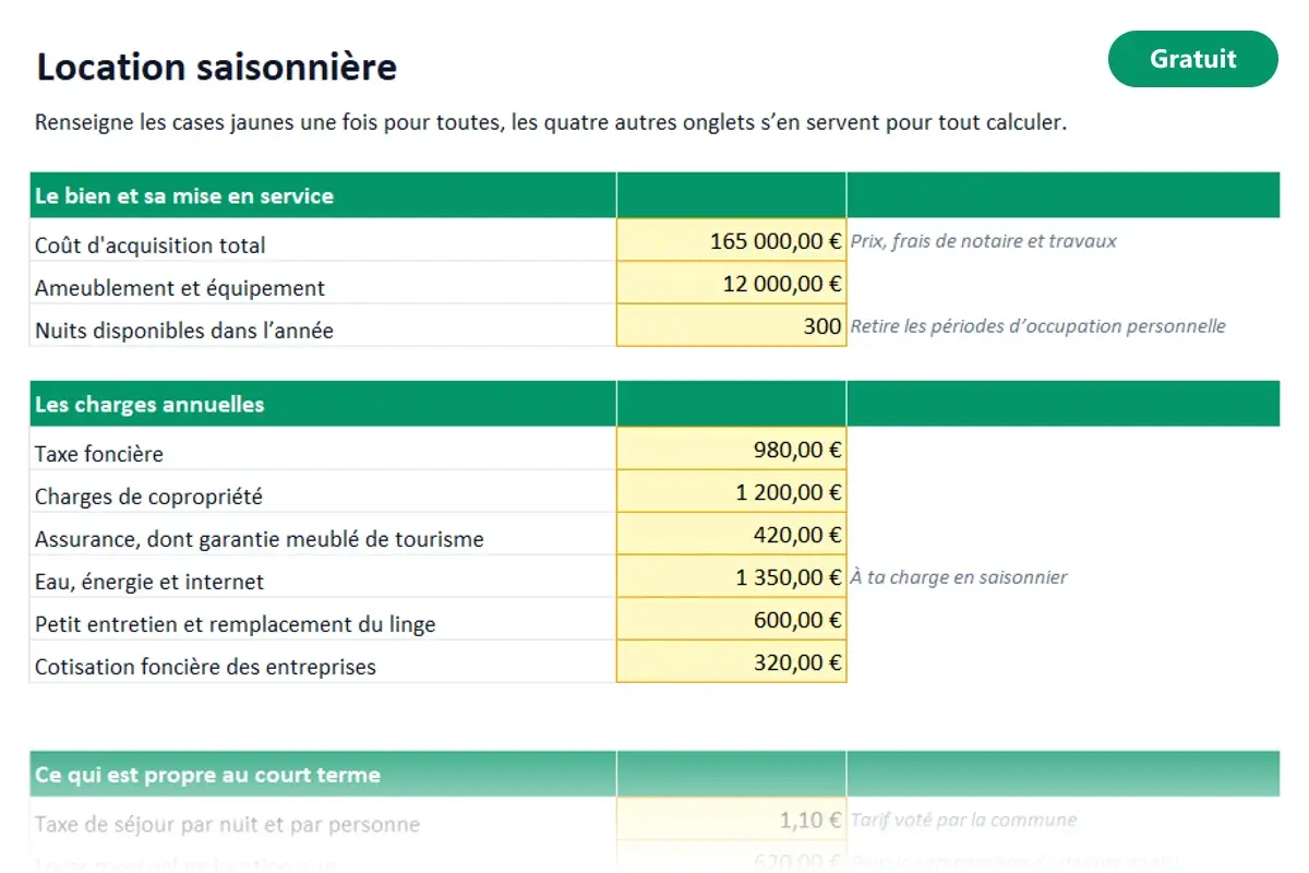 Aperçu du modèle Excel Location saisonnière