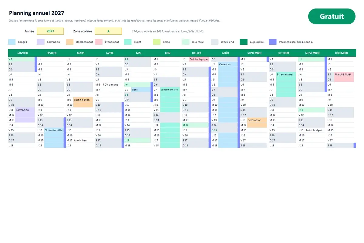 Aperçu du modèle Excel Planning annuel