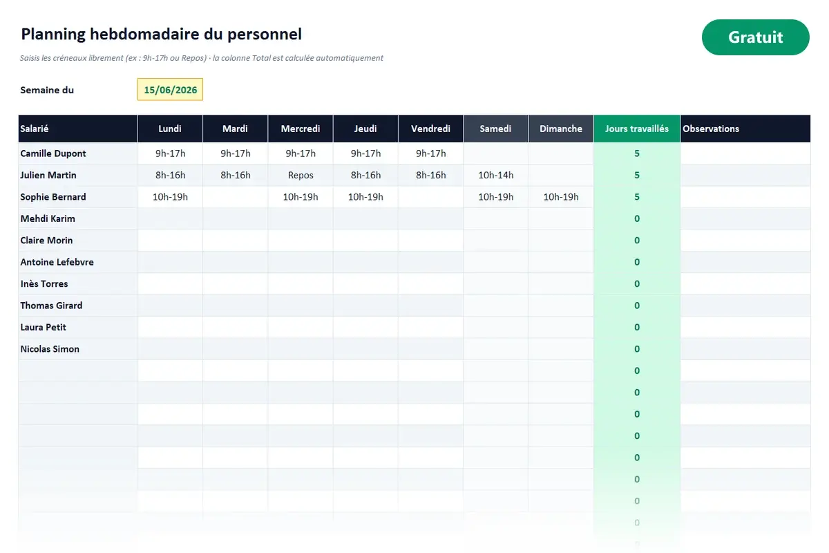Aperçu du modèle Excel Planning du personnel