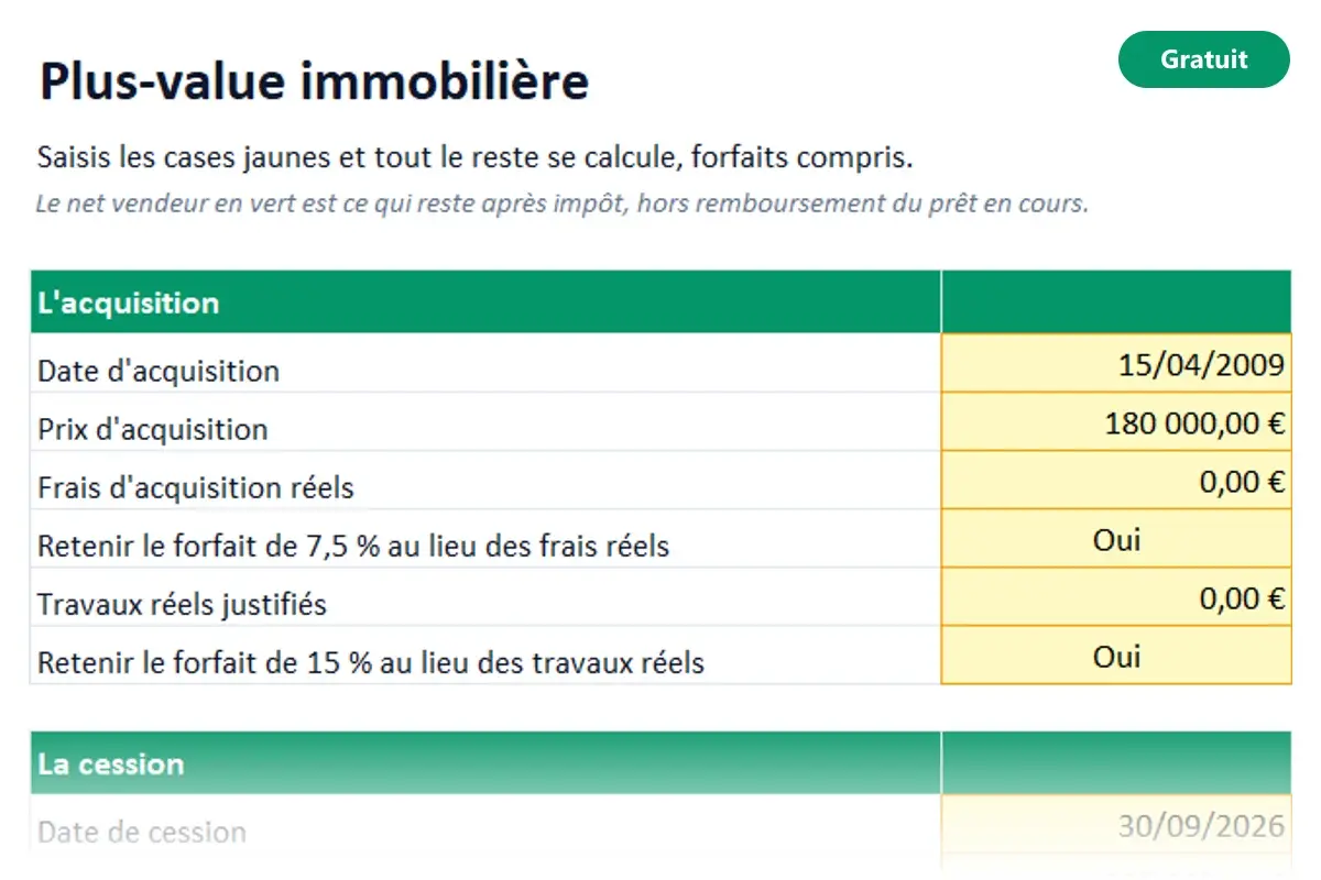 Aperçu du modèle Excel Plus-value immobilière
