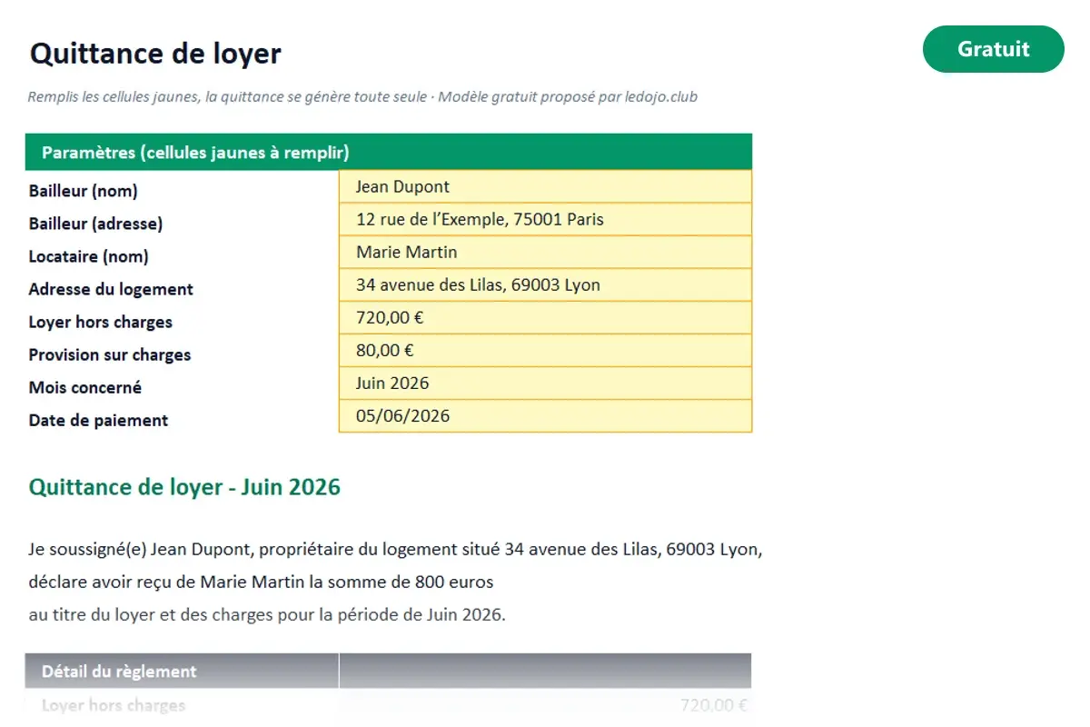 Aperçu du modèle Excel Quittance de loyer