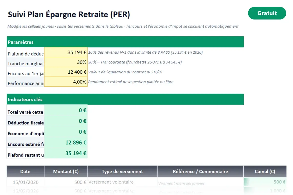 Aperçu du modèle Excel Suivi PER
