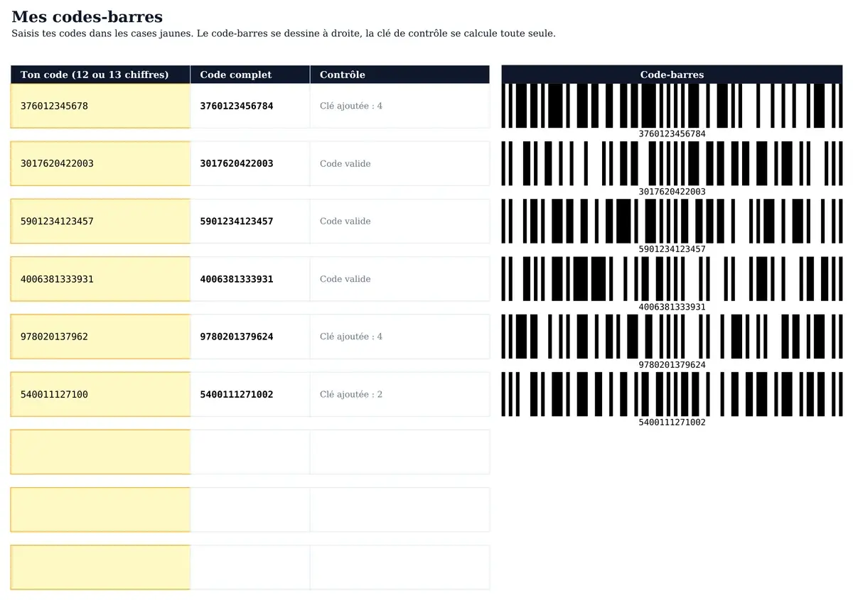 Aperçu du classeur Excel, avec une colonne de codes et les codes-barres dessinés dans la feuille