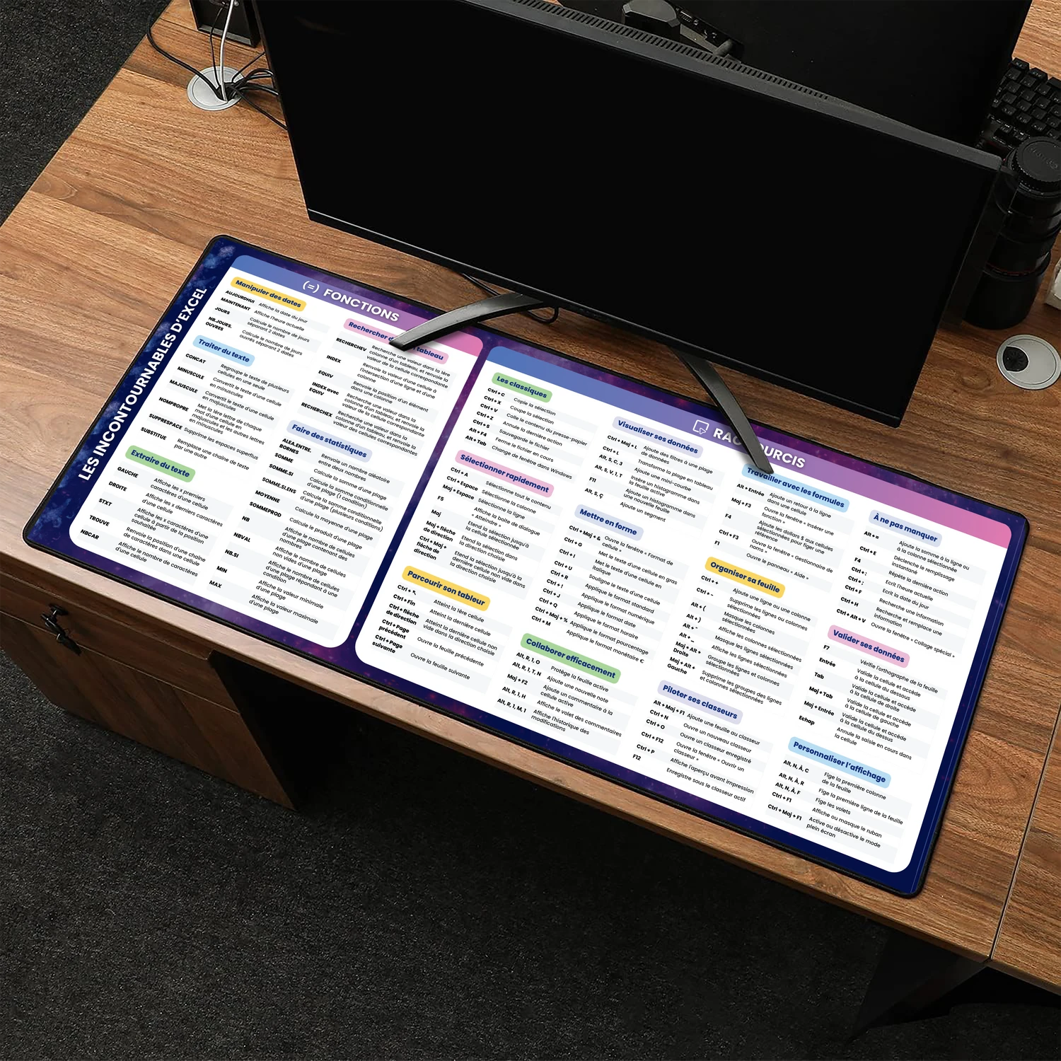 Le tapis de souris Excel L'Incontournable en situation sur un bureau, avec écran et clavier