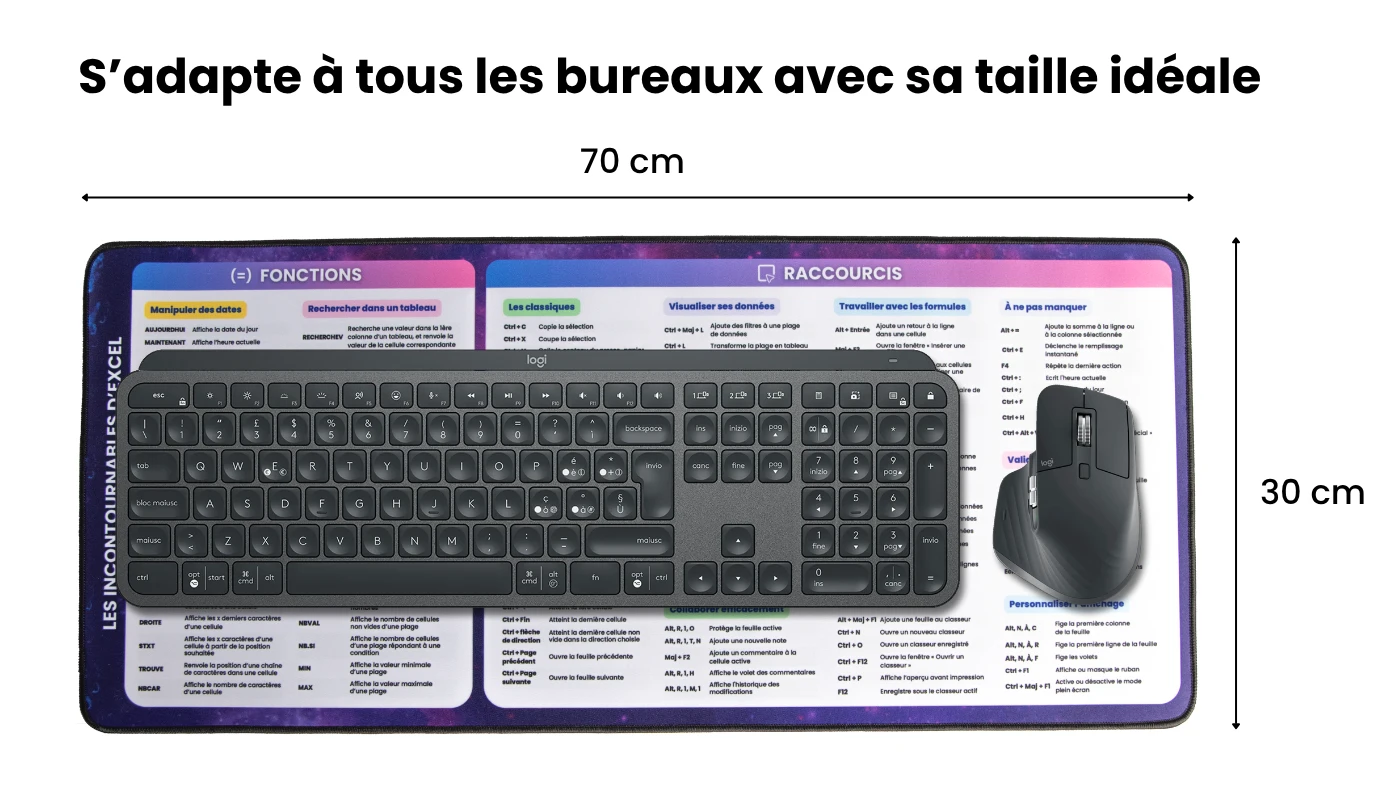 Tapis de souris Excel au format idéal 70 × 30 cm avec clavier et souris
