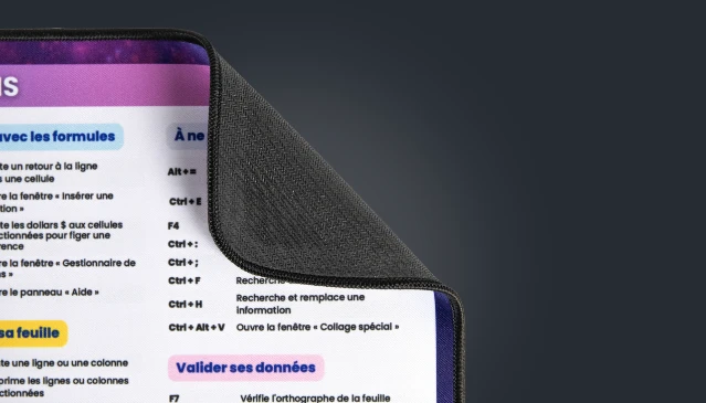 Détail du tapis de souris Excel — surface tissu et base anti-dérapante