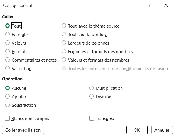 Fenêtre Collage spécial d’Excel, avec l’option Valeurs dans la section Coller, sous Formules